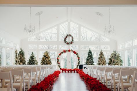 Christmas Wedding Isles Decoration, Christmas Wedding Alter Ideas, Christmas Wedding Alter, Target Christmas Aisle, Christmas Wedding Ceremony Backdrop, Christmas Wedding Venues, Poinsettia Wedding Decorations, Wedding Arch Christmas Theme, Christmas Vow Renewal