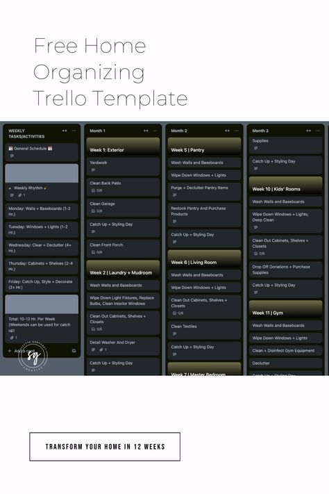 This Free Home Organizing Trello Template Will Transform Your Home Trello Templates, Decor Checklist, Cleaning Baseboards, Messy Closet, Clean Garage, Washing Walls, Home Organizing, Playroom Organization, Pantry Items