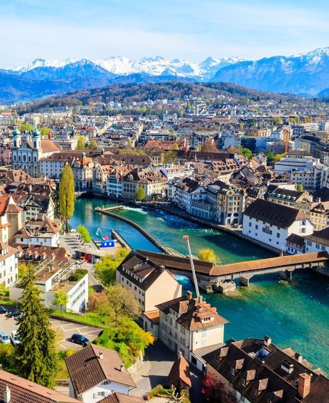 View of the Reuss river and old town of Lucerne (Luzern) city from above, Switzerland Switzerland City, Village Mountain, City From Above, Nice Scenery, Luzern Switzerland, Switzerland Photography, Switzerland Travel, Travel Brochure, Lucerne