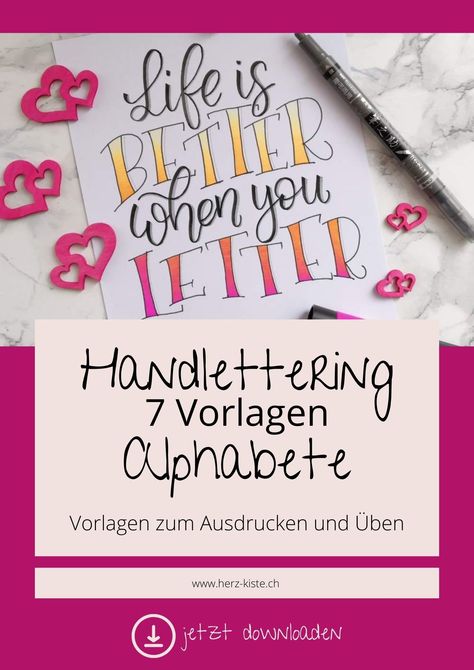 Buchstaben schön gestalten - einfach gemacht dank diesen abwechslungsreichen Vorlagen. Lade dir jetzt die 7 Lettering Alphabete runter und gestalte deine Karten mit verschiedenen Schriften Handlettering Alphabet, Brush Lettering Alphabet, Letter Diy, Handlettering Quotes, Watercolor Lettering, Hand Lettering Alphabet, Brush Lettering, Colour Tone, Lettering Alphabet