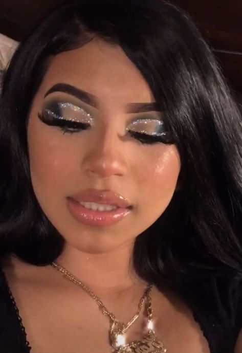 Shiny Makeup Look, Black Prom Makeup, Makeup Silver Glitter, Black Glitter Makeup, Silver Eyeshadow Looks, Prom Eyeshadow, Prom Makeup For Brown Eyes, Cheer Makeup, Glittery Eye Makeup