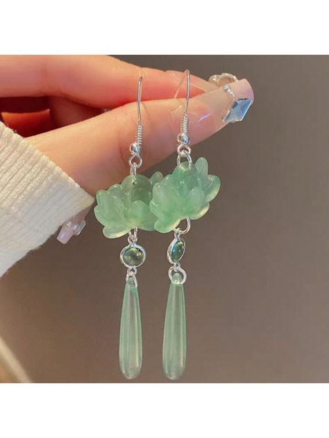 1pair New Chinese Style Lotus Shaped Cat's Eye Stone Long Teardrop Earrings, Suitable For Women's Daily Wear, Hanfu And Ancient Style Earrings Green Fashionable   Zinc Alloy     Women Fashion Jewelry, size features are:Bust: ,Length: ,Sleeve Length: Chinese Earrings, Chinese Jewelry, Cats Eye Stone, New Chinese Style, New Chinese, Earrings Green, Eye Stone, Watches Women Fashion, Fantasy Jewelry