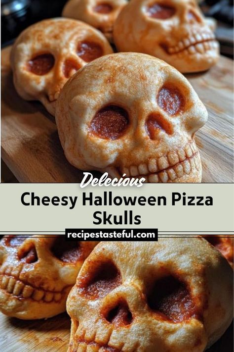 Cheesy Halloween Pizza Skulls are a fun and spooky Halloween treat that combines pizza dough with gooey cheese and various toppings. Shaped like skulls and served with marinara sauce for dipping, these mini pizzas are perfect for Halloween parties or themed dinners. Spooky Party Food, Fun Family Dinners, Pizza Skulls, Skull Pizza, Spooky Dinner, Halloween Pizza, Halloween Party Appetizers, Pizza Shapes, Spooky Halloween Treats