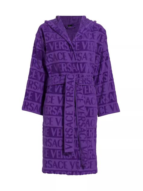 Shop Versace Rhinestone Logo Bathrobe | Saks Fifth Avenue Versace Dressing Gown, Versace Pattern, Designer Loungewear, Belted Robe, Versace Logo, Dressing Gowns, Dressing Gown Robe, Just A Reminder, Cute Comfy Outfits