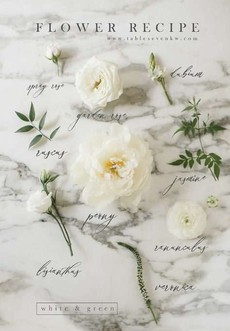 Flower Recipe, Flower Recipes, Flower Chart, White Flower Arrangements, Bridal Bouquet Flowers, Flower Guide, Wedding Floral Centerpieces, White Bridal Bouquet, Wedding Flower Inspiration