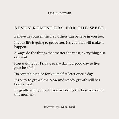 It’s a new week and here are seven reminders to carry you through 🖤 share with a friend who may need these words. A New Week Quotes, Yoga Readings, Positive Future, Quotes About Strength And Love, Daily Journaling, Practicing Self Love, Life Mantras, Simple Quotes, Journal Quotes