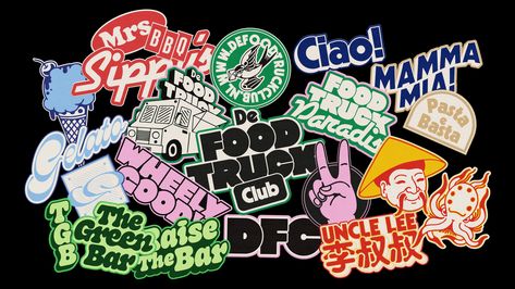 De Foodtruck Club | Visual Identity and Sublogos on Behance Bar Stickers, 90s Logos Graphic Design, Food Brand Sticker Design, Branding Identity, 90s Punk Graphic Design, Burger Branding Design Visual Identity, Retro Burger Logo, Food Patches, Cookies Branding