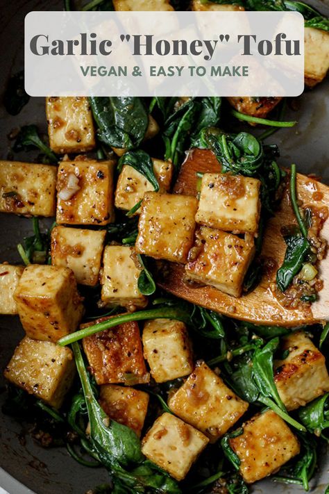 Honey Tofu, Spinach Recipes Healthy, Healthy Vegan Dinner Recipes, Garlic Honey, Tofu Recipes Vegan, Healthy Vegan Dinner, Wilted Spinach, Firm Tofu, Vegan Main Dishes