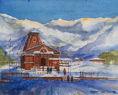 Indian Temple Watercolor Paintings, Kedarnath Watercolor Painting, Kedarnath Painting, Puri Jagannath, Temple Watercolor, Kedarnath Temple, Watercolor Scenery, India Painting, Girly Quote