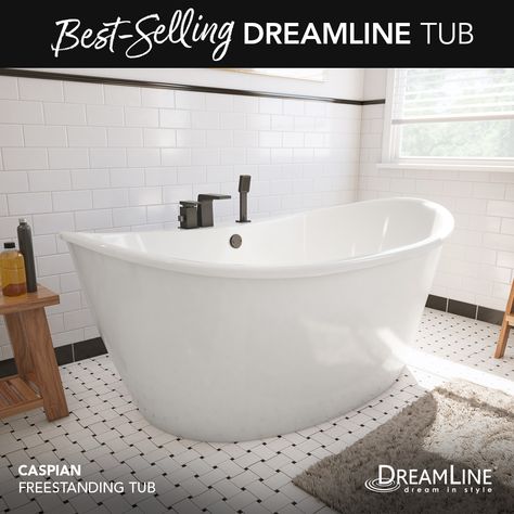 Our premium line of freestanding soaking bathtubs are made with a special AcrylX™ Applied Acrylic finish to resist scratching, cracking and chipping, so they will stay looking new for years to come, even with regular use! With thousands of 5-star reviews and over 1 million shower door products sold, you can count on DreamLine for the ultimate luxurious bathroom solution! Free Standing Bath Tub With Shelf, Modern Free Standing Tub, Small Bathroom With Soaker Tub, Free Standing Tub With Shower Combo, Soaking Tub Small Bathroom, Free Standing Bath Tub Shower Combo, Stand Alone Tub Master Bath, Soaker Tub Bathroom Ideas, Porcelain Bathtub