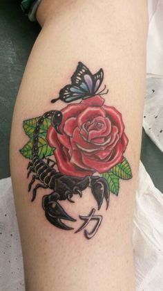 Scorpion With Butterfly Tattoo, Scorpion Butterfly Tattoo, Scorpio Butterfly Tattoo, Rose And Scorpion Tattoo, Scorpion Rose Tattoo, Rose Butterfly Tattoo, Scorpions Tattoo, Front Thigh Tattoos, Scorpio Tattoos