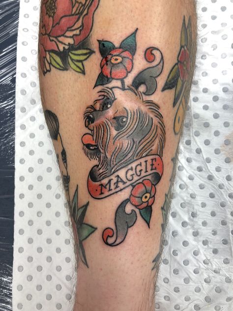 Traditional dog tattoo @benogradytattoo American Traditional Poodle Tattoo, Scruffy Dog Tattoo, Dog American Traditional Tattoo, Traditional Tattoos Dog, Old School Dog Tattoo, Traditional Girly Tattoo, Bonnie Tattoo, Traditional Dog Portrait Tattoo, Dog Tattoo Traditional