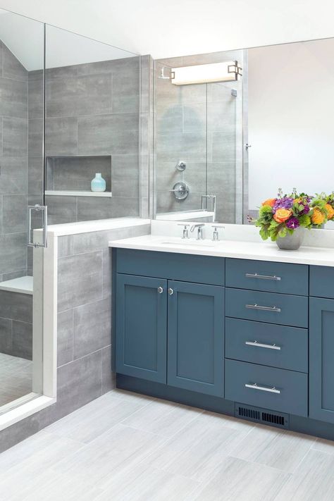 Eclectic Bathroom Design, Gray Shower Tile, Tiles Ideas, Master Bathrooms, Eclectic Bathroom, Cabinets Ideas, Bathroom Redesign, Master Bath Remodel, Blue Cabinets