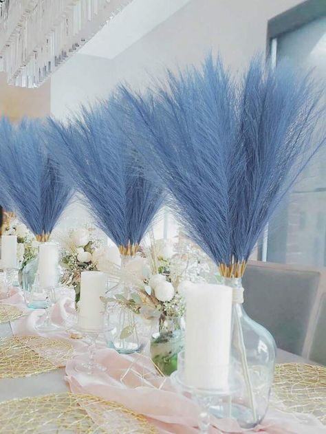 White Feather Decor, Acotar Wedding, Baby Blue Wedding Theme, Volleyball Banquet, Wine Bottle Wedding Centerpieces, Baby Blue Weddings, Faux Pampas, Wedding Wine Bottles, Country Wedding Cakes