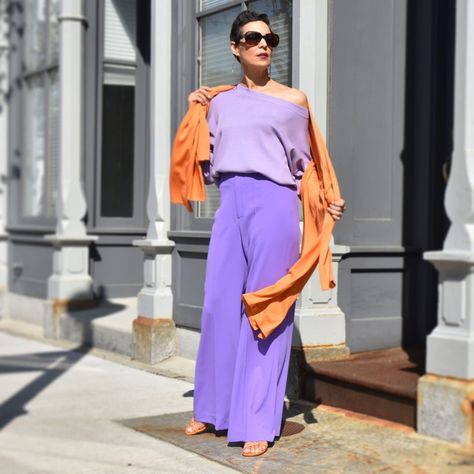 Orange And Lavender Outfit, Lilac Pants, Lavender Pants, Lavender Outfit, Lavender And Orange, Concert Fit, Spring Styles, Vegas Outfit, Concert Fits