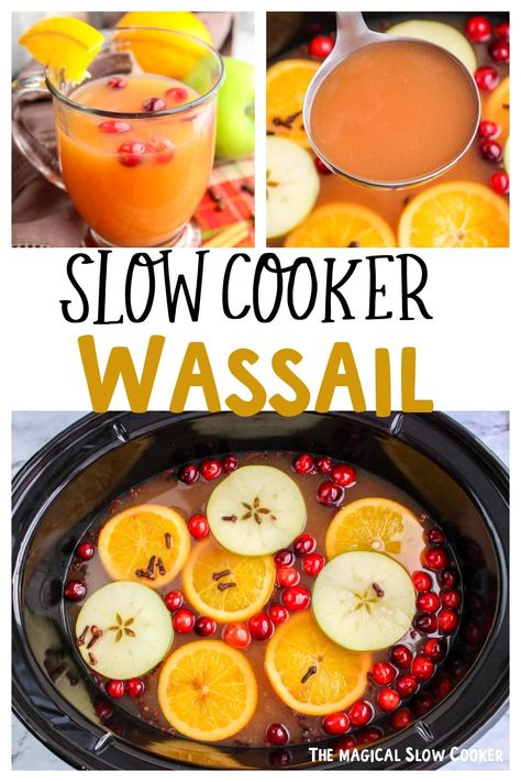 Make a giant batch of wassail in your crockpot for your guests. This flavorful drink has three kinds of juice and plenty of holiday spice, perfect for any get-together. - The Magical Slow Cooker Wassail Recipe Crockpot, Slow Cooker Drinks, Wassail Recipe, Magical Slow Cooker, The Magical Slow Cooker, Roasted Apples, Holiday Drinks, Christmas Drinks, Yummy Drinks