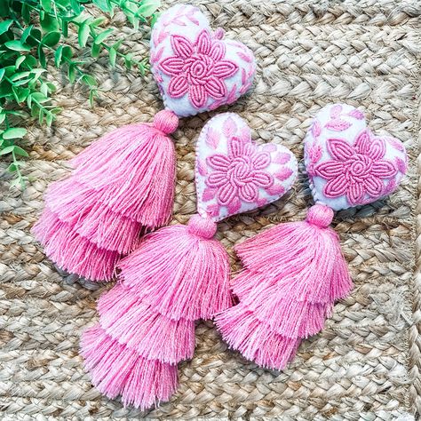 Talavera Party, Pink Talavera, Heart Pom Pom, Hanging Pom Poms, Rearview Mirror Accessories, Heart Tassel, Pom Pom Purse, Pom Pom Bag Charm, Pom Pom Charm