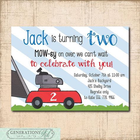 Birthday Party Invitation..MOW-sy on Over/DIGITAL Lawn Mower Birthday Party, Unique Birthday Invitations, Digital Word, Boy Birthday Invitations, Fourth Birthday, Third Birthday, 4th Birthday Parties, Lawn Mower, 2nd Birthday Parties