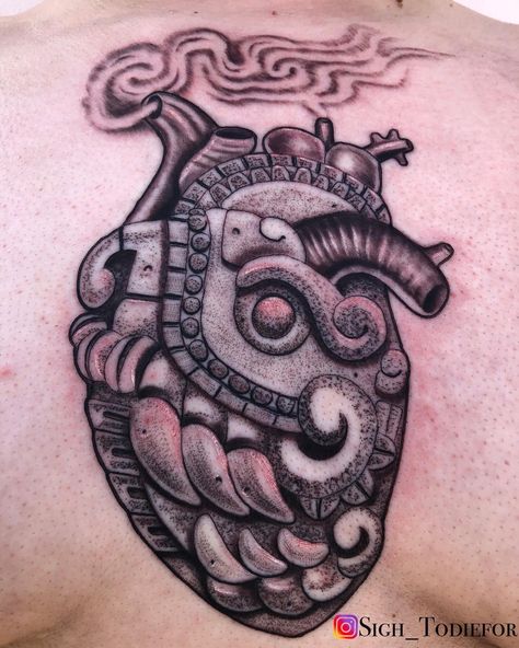 Sigh_todiefor Aztec Heart Tattoo, Xochiquetzal Tattoo, Azteca Tattoo Mexican, Aztec Statues, Azteca Tattoo, Aztec Artwork, Aztec Symbols, Mayan Tattoos, Aztec Tattoos