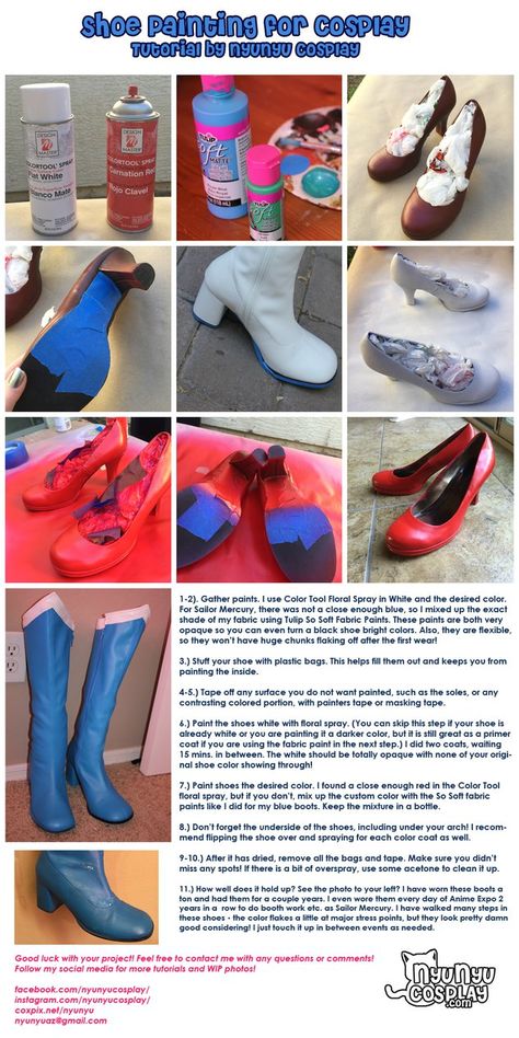 Here is a tutorial about how I paint my shoes for cosplay. So many times, I need a brightly colored shoe, but 90% of the time they only come in black. Problem solved with some floral and fabric pai... Cosplay Shoes Tutorial, Sailor Mercury Cosplay Diy, Sailor Moon Cosplay Tutorial, Sailor Moon Cosplay Diy, Sailor Mercury Costume, Sailor Mercury Cosplay, Cosplay Diys, Cosplay Making, Sailor Moon Halloween