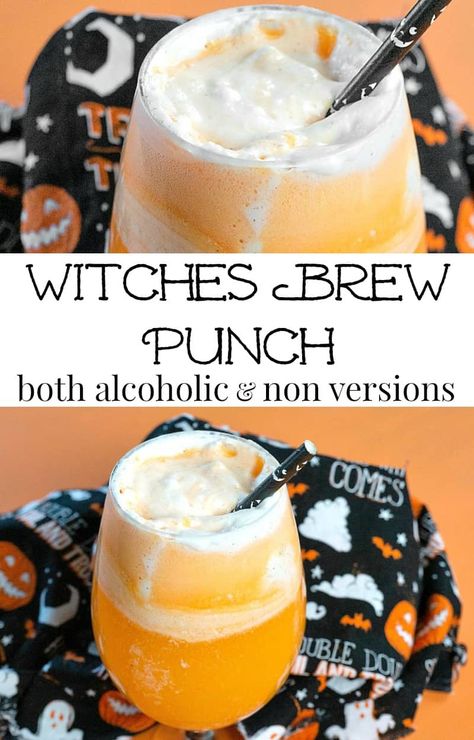 Witches' brew punch is a fun, frothy easy-to-make Halloween drink that you can make in an adult version and also in a non-alcoholic version. #Halloweendrink #Halloweenrecipe Witches Brew Punch, Halloween Drinks Alcohol Cocktails, Punch Halloween, Halloween Recipes Drinks, Halloween Punch Recipes, Cocktails Easy, Halloween Party Drinks, Halloween Punch, Alcoholic Punch