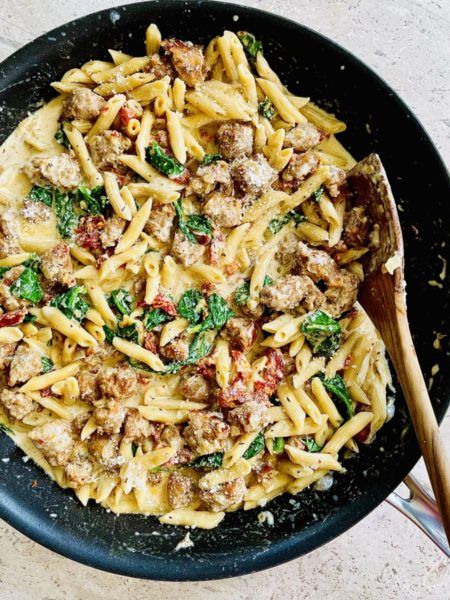 Sausage, Sun-Dried Tomato and Spinach Pasta Tomato And Spinach Pasta, Sausage Penne, Sausage Rigatoni, Chicken Bacon Pasta, Sundried Tomato Pasta, Italian Sausage Pasta, Italian Herbs, Mild Italian Sausage, Asparagus Pasta