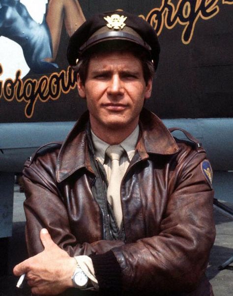 Harrison Ford as a B25 Pilot in Hanover St. Harrison Ford Indiana Jones, A2 Flight Jacket, Hanover Street, Street Film, Flying Jacket, Leather Flight Jacket, Han And Leia, Pilot Jacket, Men's Leather Jacket