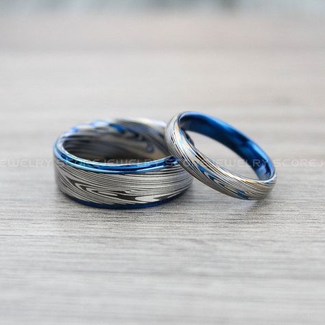 Steel Blue Wedding, Wedding Band Couple, Damascus Steel Wedding Band, Band Couple, Blue Wedding Rings, Damascus Steel Ring, Couples Ring, Black Tungsten Rings, Tungsten Carbide Wedding Bands