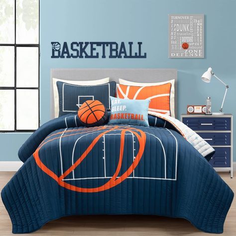 Amazon.com: Lush Decor Basketball Game Reversible Oversized 5 Piece Quilt Set - Cozy & Soft Kids Sports Themed Bedding Set - Full/ Queen, Charcoal : Home & Kitchen Basketball Headboard, Basketball Rooms, Room Orientation, Basketball Cakes, Teen Bedding Sets, Basketball Bedding, Basketball Bedroom, Bedroom Bedding Sets, Basketball Room