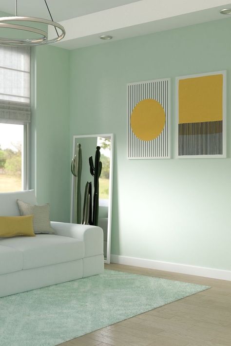 Interior Wall Colours Living Rooms, Mint Green House Interior Wall Colours, Mint Green Paint Walls Bedrooms, Light Colours For Living Room, Creative Wall Painting Ideas Living Room Modern, Mint Green Wall Living Room, Mint Color Room Ideas, Mint Office Walls, Mint Green Wall Bedroom