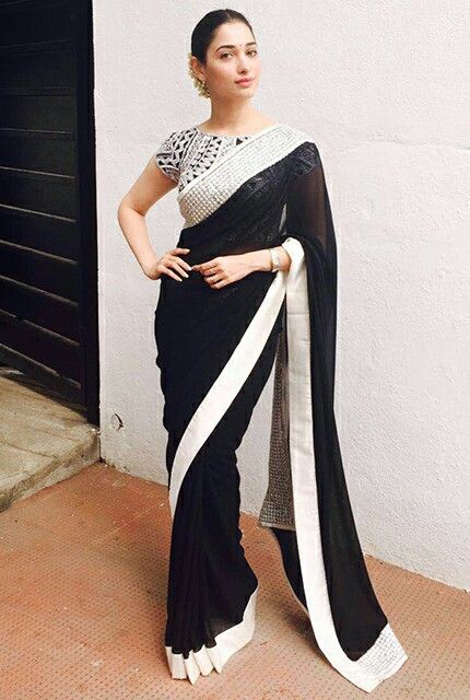 Tamanna Monochrome Saree, Black Net Blouse, Black And White Saree, Dainty Dress, Net Blouse, Tamanna Bhatia, Saree Designs Party Wear, Madhuri Dixit, Elegant Saree