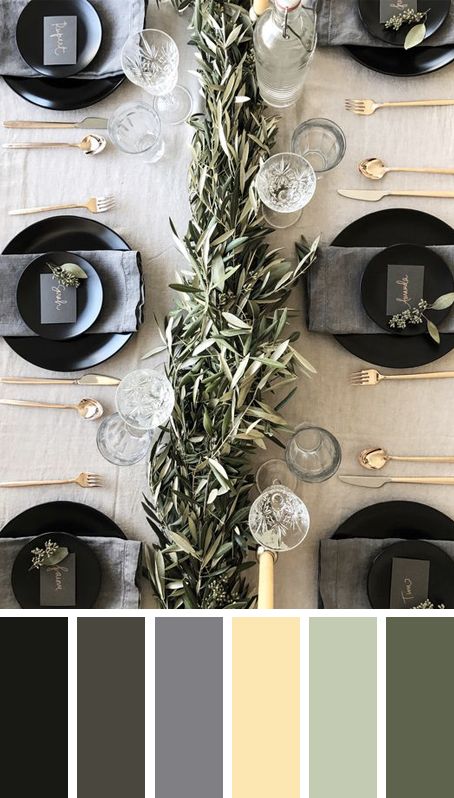 5 MODERN CHRISTMAS TABLE SETTING COLOR PALETTE IDEAS TO COPY THESE HOLIDAYS – heydjangles.com – Try something different with your table scape this Christmas! Bold black and glam gold in this gorgeous Christmas table setting by Amanda Dawbarn. Christmas decorating ideas, Christmas table settings, Christmas color palettes, Christmas color scheme, gold cutlery, black plates #christmasdecor #tablescape Modern Christmas Table, Christmas Colour Schemes, Christmas Color Palette, Christmas Table Setting, Color Palette Ideas, Dinner Table Setting, Palette Ideas, Christmas Color, Green Table