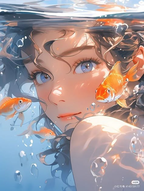 Fish Goldfish, Anime Canvas Art, Anime Canvas, Digital Art Anime, 판타지 아트, Dreamy Art, Sparkling Water, Beautiful Fantasy Art, Anime Artwork