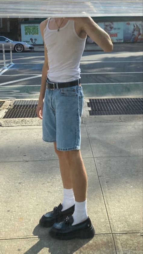 Guy Fit Inspo Summer, Ftm Summer Outfits, Y2k Summer Outfits Men, Summer Y2k Outfits Men, 80s Summer Outfits Men, Jorts Outfit Idea Summer, Masculine Summer Outfit, Summer Masc Outfits, Gay Summer Outfits