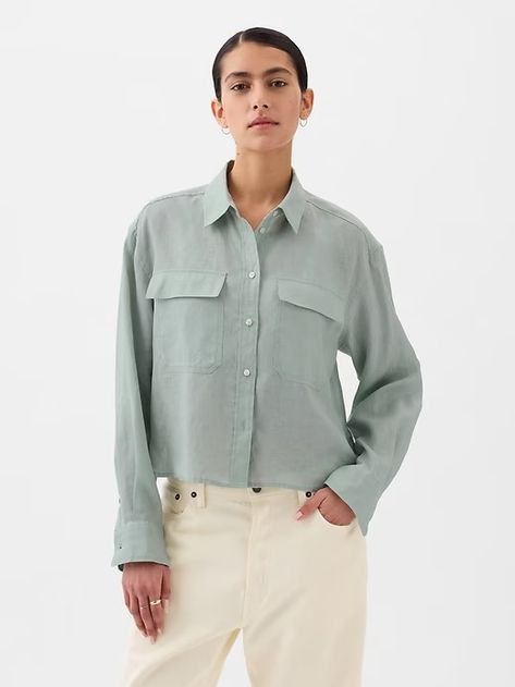 Linen Cropped Shirt | Gap Gap Casual Collared Blouse, Casual Cropped Shirt With Button Cuffs, Gap Linen Summer Shirt, Gap Linen Tops For Workwear, Gap Linen Button-up Tops, Spring Gap Tops With Buttons, Gap Linen Button-up Shirt, Spring Buttoned Tops From Gap, Summer Buttoned Tops By Gap