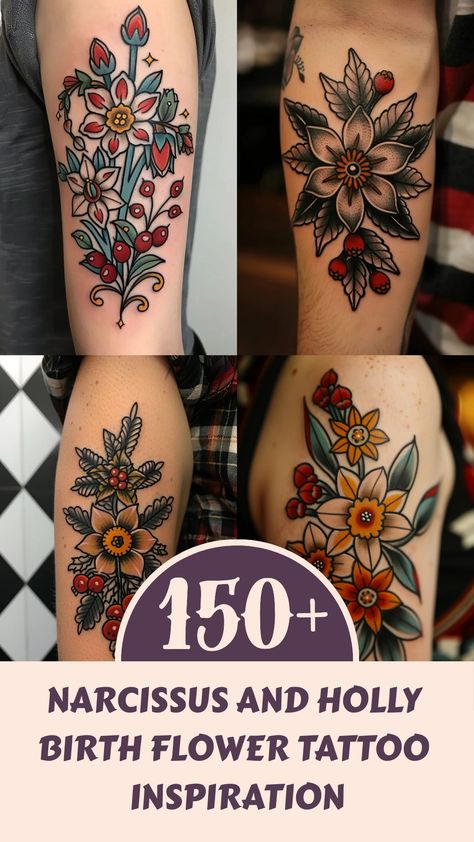 Looking for unique December Birth Flower or narcissus and holly Birth Flower tattoo ideas? Find inspiration with these beautiful designs! Whether you prefer a small, colorful piece or a full sleeve, there are endless possibilities to celebrate your December birthday. From traditional to neo-traditional styles, we've gathered some stunning tattoo options for you. Explore different placements like thighs, arms, and more to find the perfect design that reflects your personality. White Narcissus Tattoo, December Tattoo Ideas Birth Month, December Birthday Tattoo Ideas, Narcissus Flower Tattoo Color, Narcissus And Holly Tattoo, Bright Flower Tattoos, December Flower Tattoo, Narcissus Flower Tattoo, December Birth Flower Tattoo