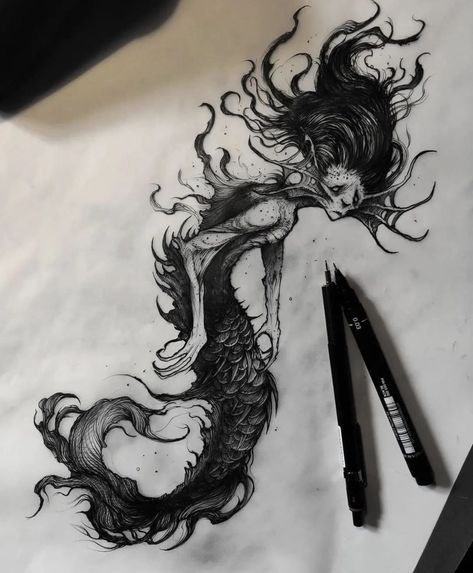 Tattoo Drawing Ideas, Trippy Tattoo Ideas, Wormhole Tattoo, Trippy Tattoo, Siren Tattoo, Sea Tattoo, Mermaid Illustration, Creepy Drawings, Wicked Tattoos