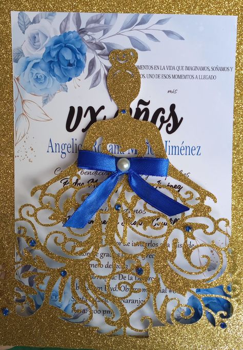 Invitación para quinceañera en dorado y azul rey preciosa Quince