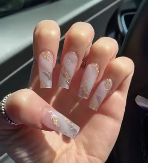 Gold Foil Marble Nails, Gold And Clear Acrylic Nails, Marble With Gold Nails, White Marble And Gold Nails, Pink And Gold Flake Nails, Clear Marble Nails Acrylic, White Marble Nails With Gold Flakes, Nude Marble Acrylic Nails, Gold Leaf Nails Acrylic