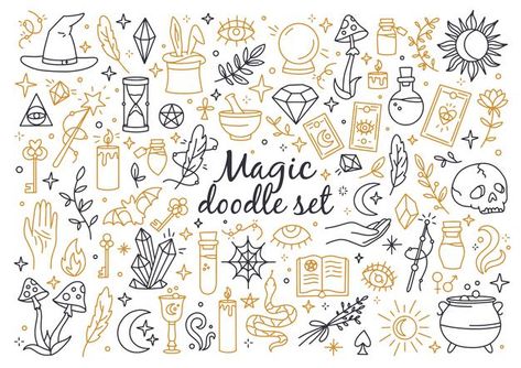 A magical set of doodle style icons line... | Premium Vector #Freepik #vector #halloween Bujo Magic Theme, Easy Witchy Doodles, Magic Doodles Simple, Witch Doodles Easy, Mystical Doodles, Witchy Doodles Simple, Tarot Doodles, Witchcraft Doodles, Crystal Doodles