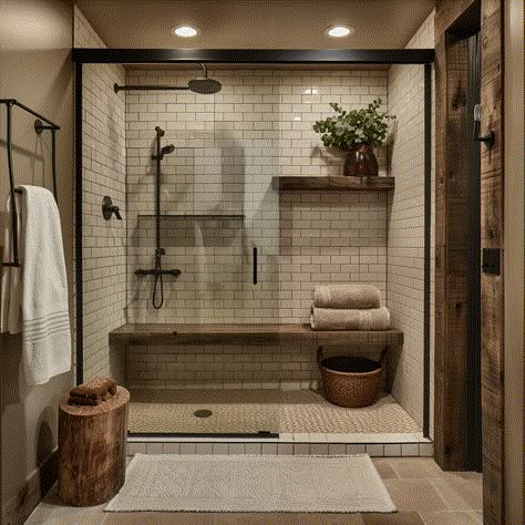 30 Dreamy Farmhouse Shower Ideas to Inspire Your Next Remodel Small Master Shower Ideas Walk In, Open Shower Master Bath, Modern Farmhouse Bathroom Gold Fixtures, Rustic Wet Room Ideas, Joanna Gaines Shower Ideas, Bathroom Farmhouse Remodel, Modern Cottage Master Bath, Farmhouse Home Remodel, Outside Renovation Ideas