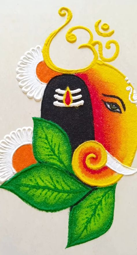 Rangoli For Ganpati Bappa, Radha Krishna Rangoli Designs Latest, Rangoli Ideas For Ganesh Chaturthi, Shiv Ganesh Rangoli, Rangoli Designs Ekadashi, Ragoli Color Design Ganpati, Easy Cute Rangoli, New Easy Rangoli Design, Saal Mubarak Rangoli