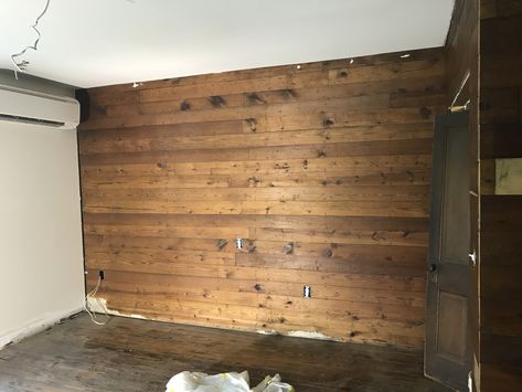 Walnut Shiplap Wall, Tongue And Groove Accent Wall, Natural Wood Shiplap Wall, Farmhouse Shiplap Walls, Entry Inspiration, Addition Project, Reclaimed Wood Accent Wall, Wall Stains, Tongue And Groove Walls