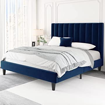 Apartment Must Haves, Fabric Upholstered Bed, Blue Queen, Full Size Platform Bed, Velvet Upholstered Bed, Queen Size Platform Bed, Fabric Headboard, Luxurious Bed, Comfortable Furniture