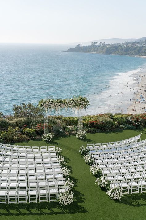 Coastal elegant ceremony looking over the sea #elegant #coastal #summerwedding #intertwinedevents  | Intertwined Events White Chairs Wedding, Coastal Chic Wedding, Dock Wedding, Summer Wedding Venues, Ritz Carlton Laguna Niguel, Wedding Ceremony Setup, Natural Wedding Decor, Wedding Altar, Altar Ideas