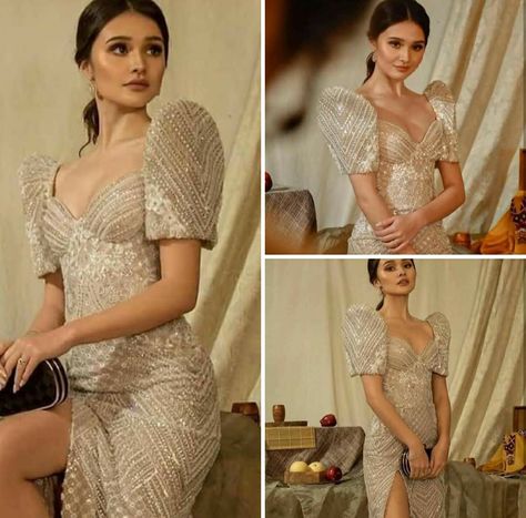 Beige Filipiniana Dress, Filipiniana Pose Ideas, Cocktail Dress Pose Ideas, Hairstyle For Filipiniana Attire, Modern Filipino Outfit, Filipiniana Dress Modern For Graduation, Filipiniana Photoshoot, Leonor Rivera, Filipiniana Hairstyle