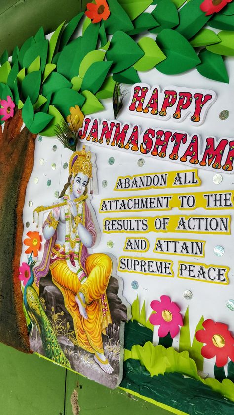 Happy Janmastami 🙏 School bulletin board Festival celebration Janmashtmi Board Decoration, Janmashtami Display Board, Janamastmi Decoration At School, Janmashtami Chart For School, Janmastami Decorations At School, Krishna Janmashtami Decoration At School, Rakhi Celebration Ideas In School, Rakhi Board Decoration Ideas, Janmastmi Decoration Ideas At School