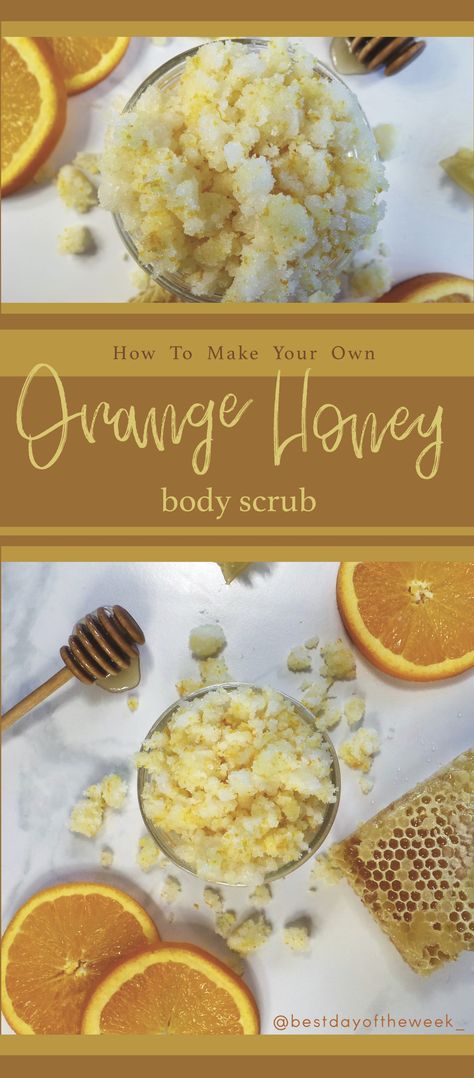 Orange Scrub Diy, Orange Body Scrub, Honey Body Scrub, Honey Business, At Home Spa Day, Honey Sugar Scrub, Home Spa Day, Diy Sugar Scrub Recipe, Lemon Sugar Scrub