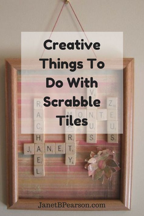 There are many Scrabble tile crafts you can make.  You are only limited by your imagination! #ScrabbleTiles #ScrabbleCrafts  https://JanetBPearson.com Ideas With Scrabble Tiles, Repurpose Scrabble Tiles, Scrabble Tile Family Names, Things To Make With Scrabble Tiles, Scrabble Tile Crafts Wall Hangings, Projects With Scrabble Tiles, Scrabble Letters Diy Craft Ideas, Ornaments With Scrabble Tiles, Diy Scrabble Tiles Wall Art Dollar Tree