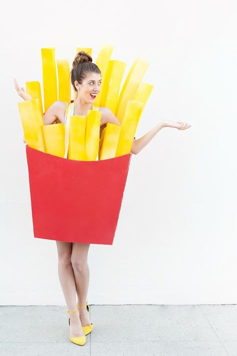 DIY Fries (Before Guys!) Costume | Studio DIY® Diy Fries, Fries Costume, French Fry Costume, Quick Halloween Costumes Last Minute Men, Sew Halloween Costume, Quick Halloween Costumes, Fries Before Guys, Diy Halloween Costumes For Women, Homemade Halloween Costumes